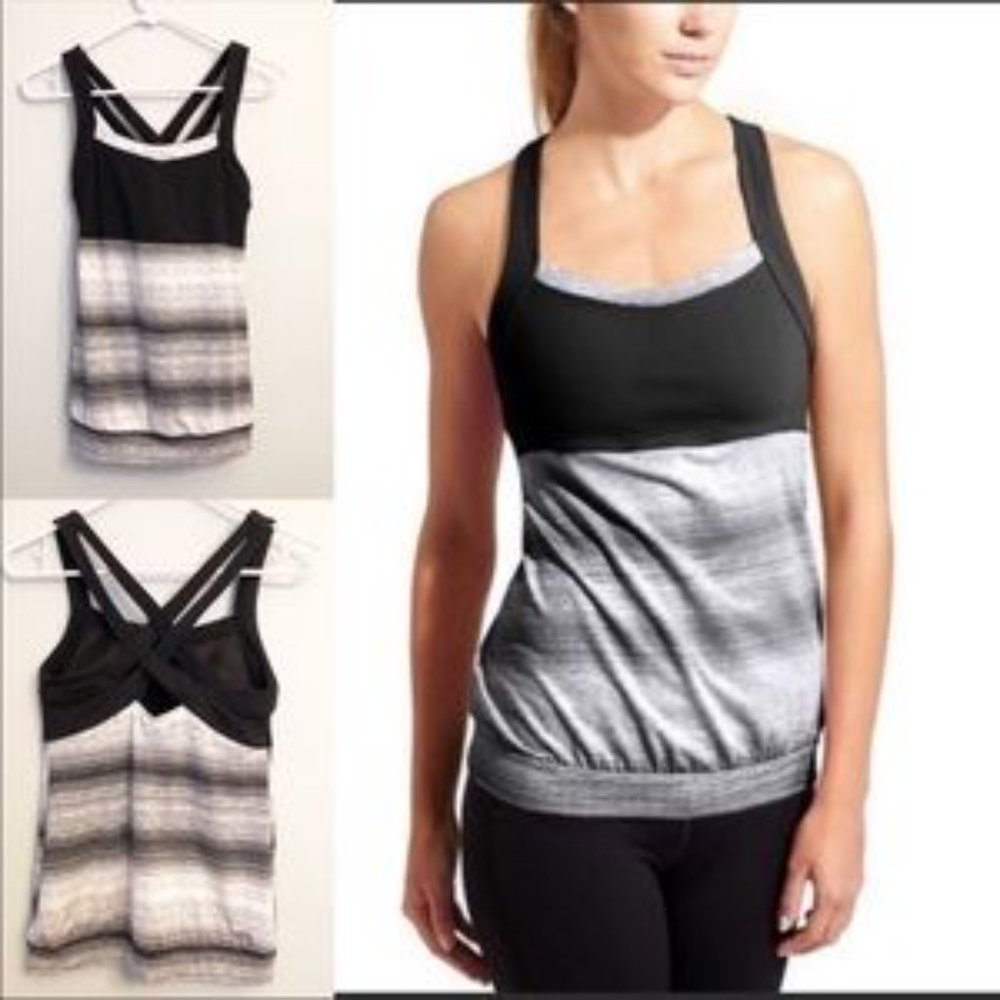 Athleta Black White Striped Workout Tank with Bra Medium